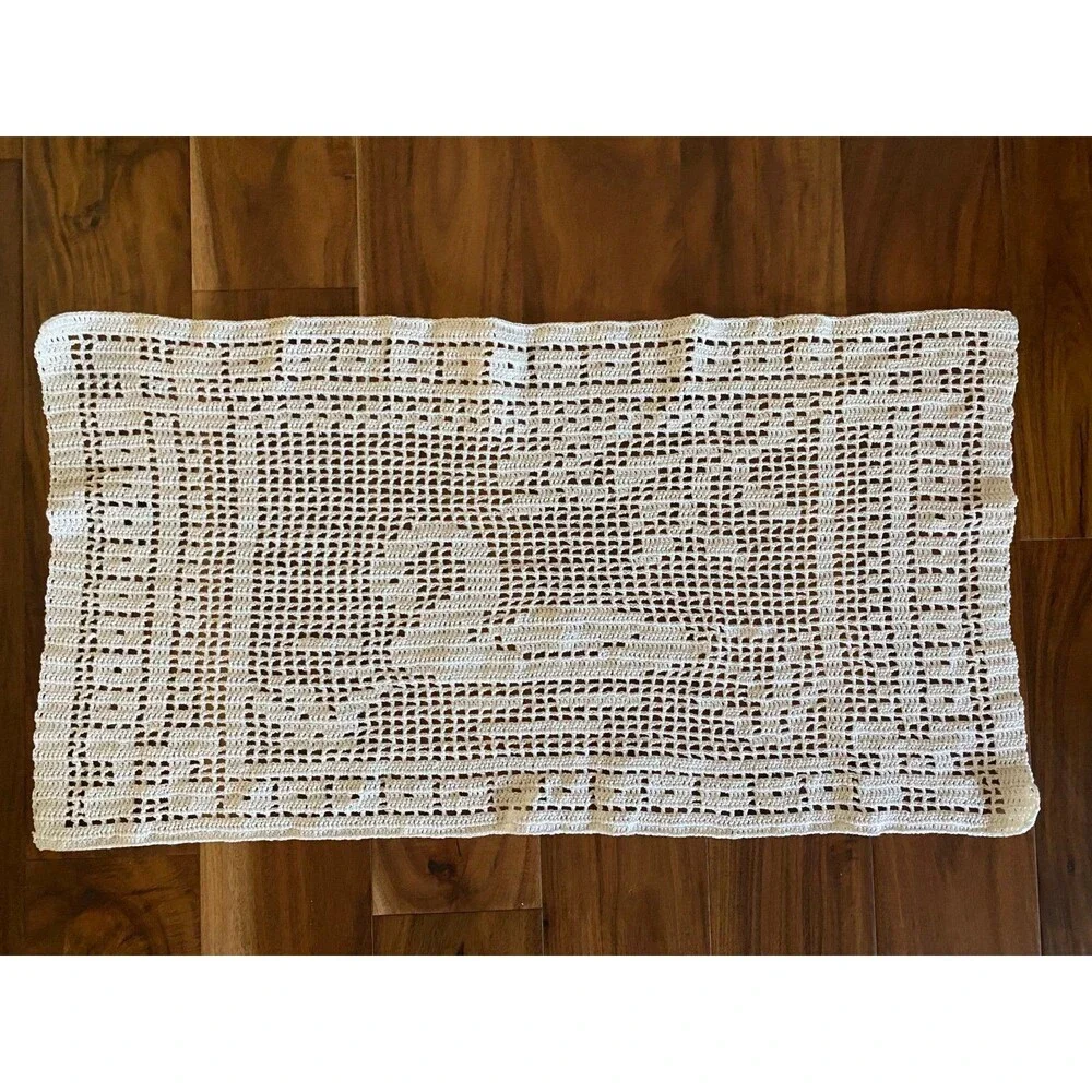 Large Vintage Handmade Crochet Swan Filet Doily Wall Decor White